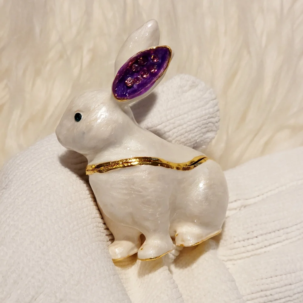 Bejeweled White Bunny Rabbit Hinged Metal Enameled Trinket Box - New